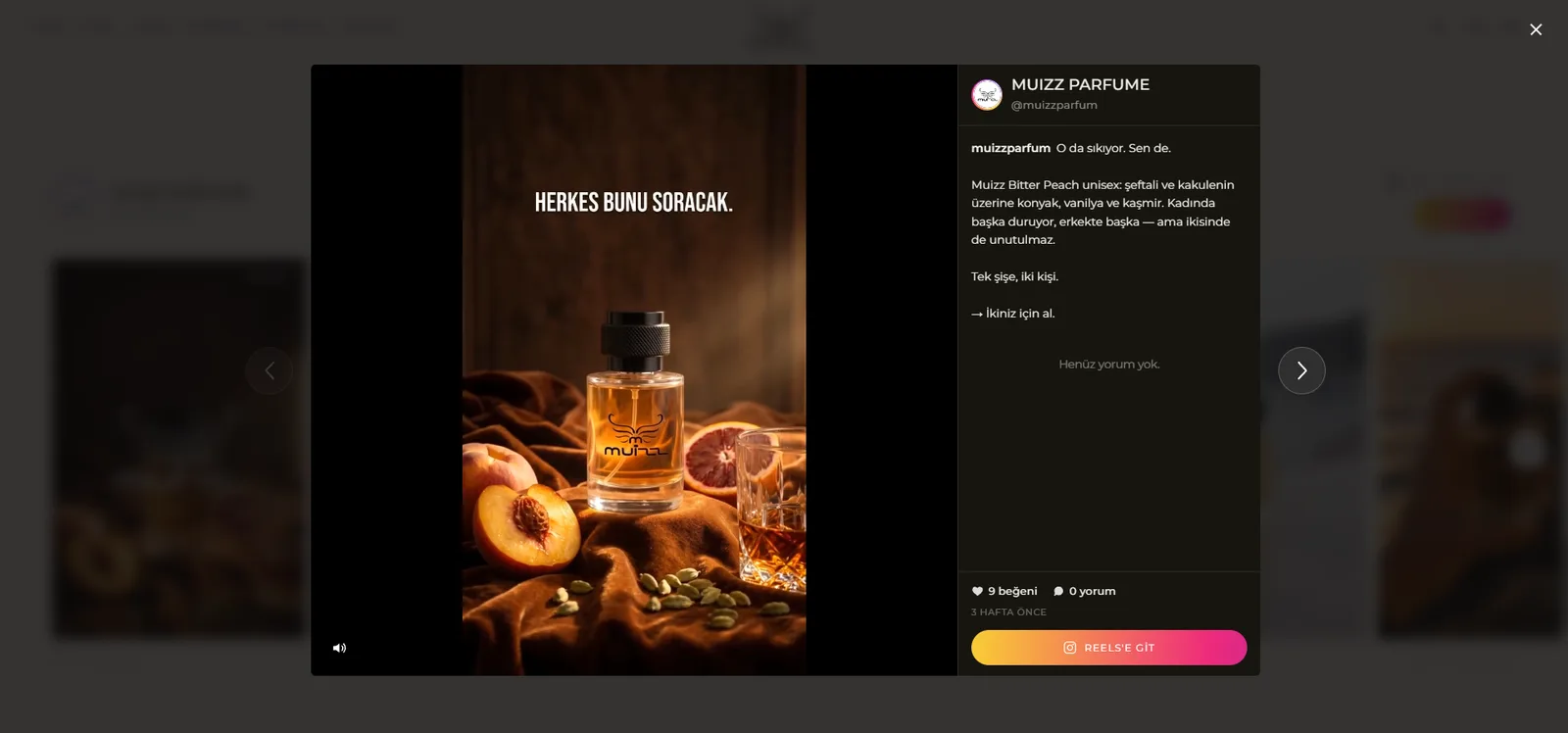 Instagram gönderisine tıklandığında açılan büyütme penceresi: solda oynatılan Reels videosu, sağda hesap adı, gönderi açıklaması, beğeni ve yorum sayısı ile Reelse Git düğmesi