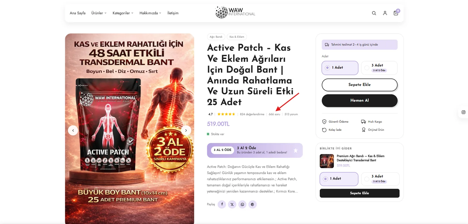 Ürün detay sayfasında ürün adının hemen altındaki 4.7 puan, 824 değerlendirme, 666 soru ve 513 yorum sayaç satırı